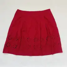 LOFT Ruby Red Cotton Cut Out Embroidered Pleated Full Skirt Size 14 Petite