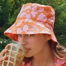 Faithful the Brand Paraiso Floral Print Linen Bucket Hat Pink Orange Summer Boho