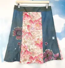 Handmade, hand painted, one of one cherry blossoms denim midi skirt