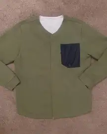 Large Green Reversible Crew Neck Button Up Jersey Long Sleeve Sweater Top