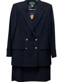 Lauren Ralph Lauren Navy Wool Blazer & Skirt Suit Gold Crest Buttons USA Size 8