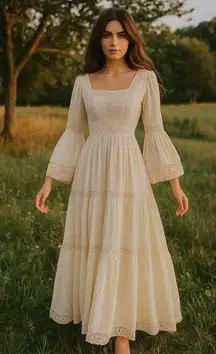 Victor Costa Mexican Wedding Dress Ivory Cotton Gauze & Lace Dress Romantic 1970