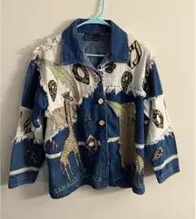 Vintage 90s New Directions Safari‎ Embroidered Patch Denim Jean Jacket Top Blue
