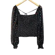 Gab and Kate Cropped Long Sleeve Star Smocked Low Square Neck Blouse Size Large