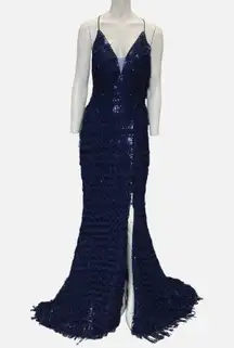 Clarisse V-Neck Tassel Sequin Lace Up Back Gown Navy Blue Size 8 NWT