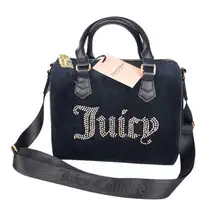 Juicy Couture Bag Obsession Satchel Black Velour Velvet Rhinestone Purse Handbag