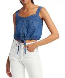 Free People Palm Desert Blue Denim‎ Top Cropped Button Front Tie size xs