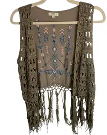 Kori America Size S Crochet Fringe Vest Embroidered Brown Aztec Western Boho