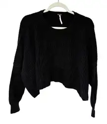 Free People Black Ribbed Cropped Oversized Crewneck Sweatshirt Thick Knit XS