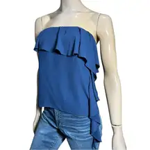 Amanda Uprichard Women’s Size S Blue Strapless Ruffle Front Side Top Blouse