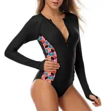 Axesea Long Sleeve One Piece Swimsuit Women's 12 Rashguard Black Geometric Print