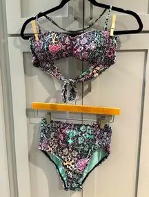 Bikini Lab High‎ Rise Bikini with Bandeau Top w/Smocking Pastel Paisley Print Sm