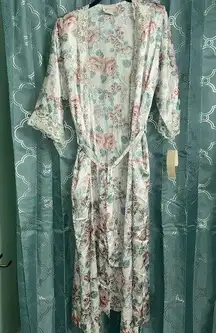 Vintage California Dynasty Long Kimono Robe Womens M Cream Floral