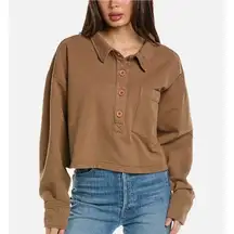 Good American  Oversized Cropped Fleece Sweatshirt Polo Crop Top in Brown. Sz 3/L