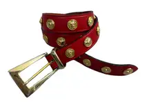 Anne Klein Lion Leather Belt Womens Red Gold Medallion 90s Metal 1" Animals