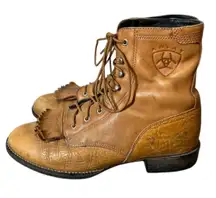 Vintage Ariat Tan Leather Fringe Boots Womens Sz 7B Western Cowgirl Rodeo