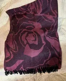 Pashmina with Black Fringe Beautiful Rose Pattern Burgundy Rose/Black 26”x76”