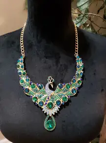 Women Embellished Multicolor Encrusted Rhinestone Peacock Bib Statement Necklace