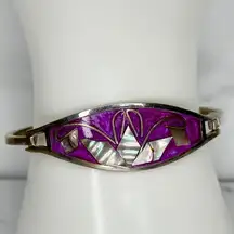 Vintage Alpaca Mexico Silver Tone Abalone Shell Flower Hinge Bangle Bracelet