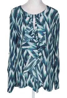 New York & Company Blue and Green Print Blouse Size Medium Ruffle Neck Top