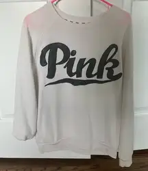 PINK white crew neck with black leather letters
