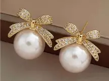 Gold and Pearl Bow Earrings