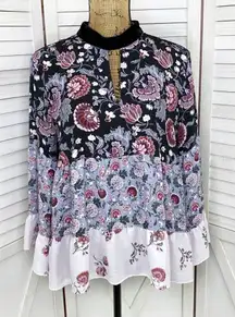 LOFT Mixed Flowers Tiered Velvet Collar Boho Blouse Black Purple Medium
