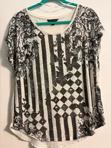 Rock & Republic - Black and Cream Striped Graphic Slubbed Tee