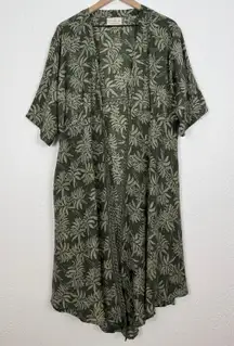 Kantha Bae Open Front Green Leaf Print Kimono Duster Lightweight Flowy Boho OS