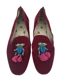 Boden Velvet Beaded Bug Tassel Loafer Flats Burgundy Women Size 41