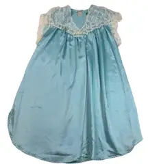 Lily of France Blue Satin Lace Trim Short Sleeve Nightgown Medium
