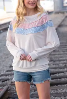 Sugarfox Floral Patchwork Seam Stitch Long Sleeve‎ Casual Sweatshirt Top 1XL