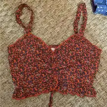 BOG Collective Women’s Cropped Red Floral Cinch Smocked Tank Top, Size Small