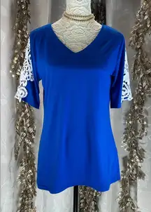 Amazon Blue Lace Sleeve‎ V-Neck Top – Medium, Elegant & Feminine