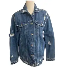 ZARA Trafaluc Women's Denim Jean Jacket Oversized Distressed Blue Size Small