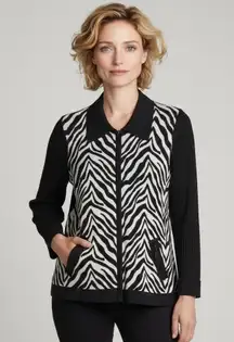 Misook Black & White Zebra Print Knit Jacket – Size Small Petite