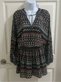 ALLISON JOY Aztec Geometric Print Long Sleeve Smocked Waist Mini Dress Size S