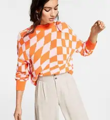 Mock-Neck Cropped Sweater Pink & Orange Checkered