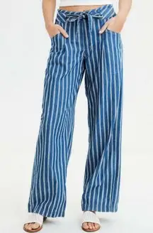 American Eagle Women's Blue White Striped Wide Leg Paperbag‎ Pants Sz 8 NWOT