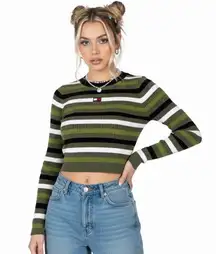 Tommy Hilfiger 100% Cotton Cropped Sweater Womens S Green Blue Striped Y2K 90s