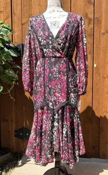 Danny & Nicole  Black Floral Long Sleeve Midi Dress Berry Size 4 NWT