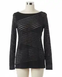 Joseph Ribkoff Top 10 Black Gray Laser Cut Perforated Boat Neck Goth Glam Layer