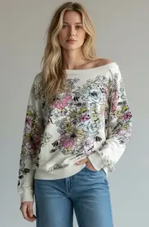 Free People Oversized Go On Get Floral Pullover Sweatshirt White Size XS