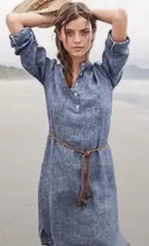 Garnet Hill Womens Size 12 Chambray Blue Woven Linen Pullover Henley Dress