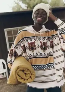 NWOT Free People Sprint To The Finish Tiger Printed Oversized Hoodie, Tan | XS