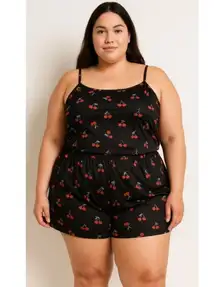 Y2K Cherry Print Pajama Set Black Sleepwear Cami Top & Shorts Women’s 2XL