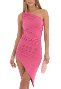Lucy In The Sky Asymmetrical One Shoulder Midi Dress in Hot Pink