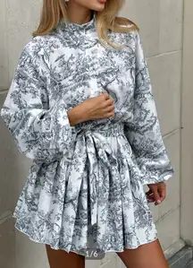 Commense Ink Painting Print Tie Up A-Line Short Dress NWOT