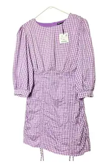 Zara Women's Blogger Style Lilac Gingham Pattern Rushed Side  Mini Dress Sz L