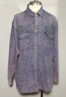 On The Brink Vintage 80s Large Acid Wash Purple Denim Pearl Snap Button Shirt
